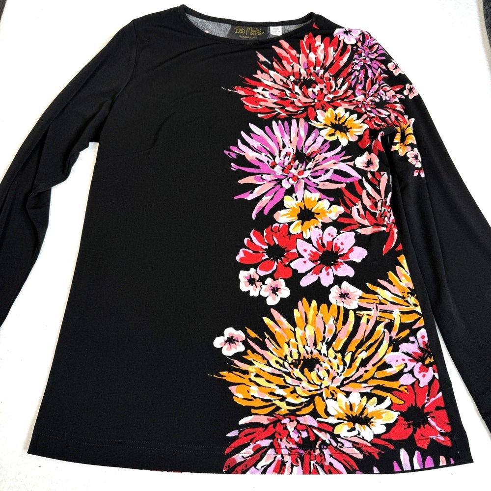 Bob Mackie Wearable Art Womens XXS Black Floral Long Sleeve Tunic Top‎